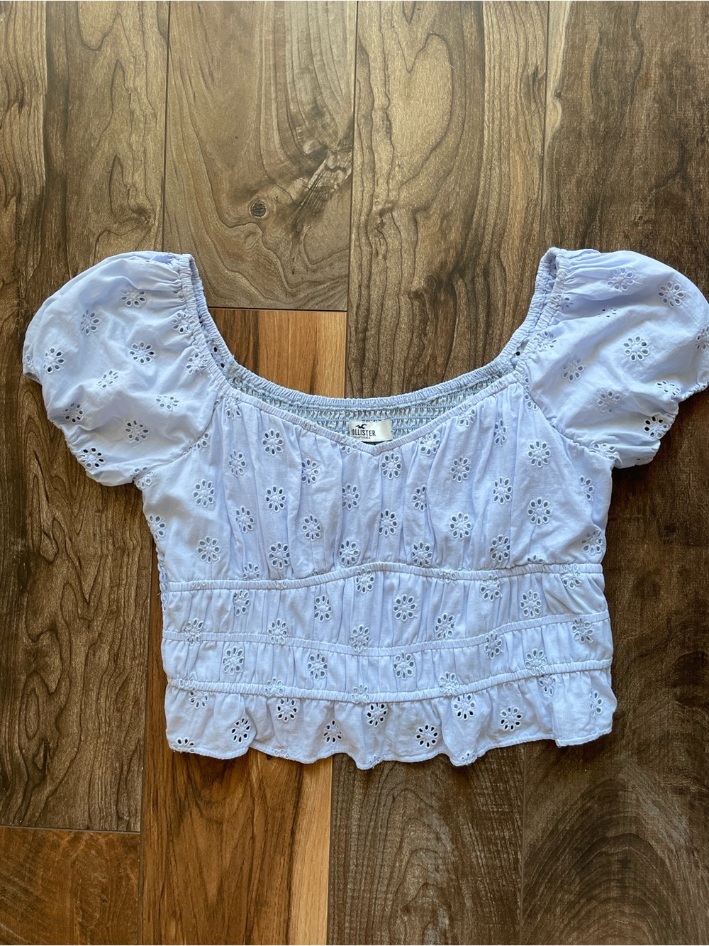 Abercrombie Hollister Light Blue Eyelet Off Shoulder Puff-Sleeve Crop Top